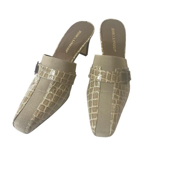 Jessica London Womens Sz 8M Mule Heels Slip On Glossy Beige Studded Faux Leather - Picture 3 of 8